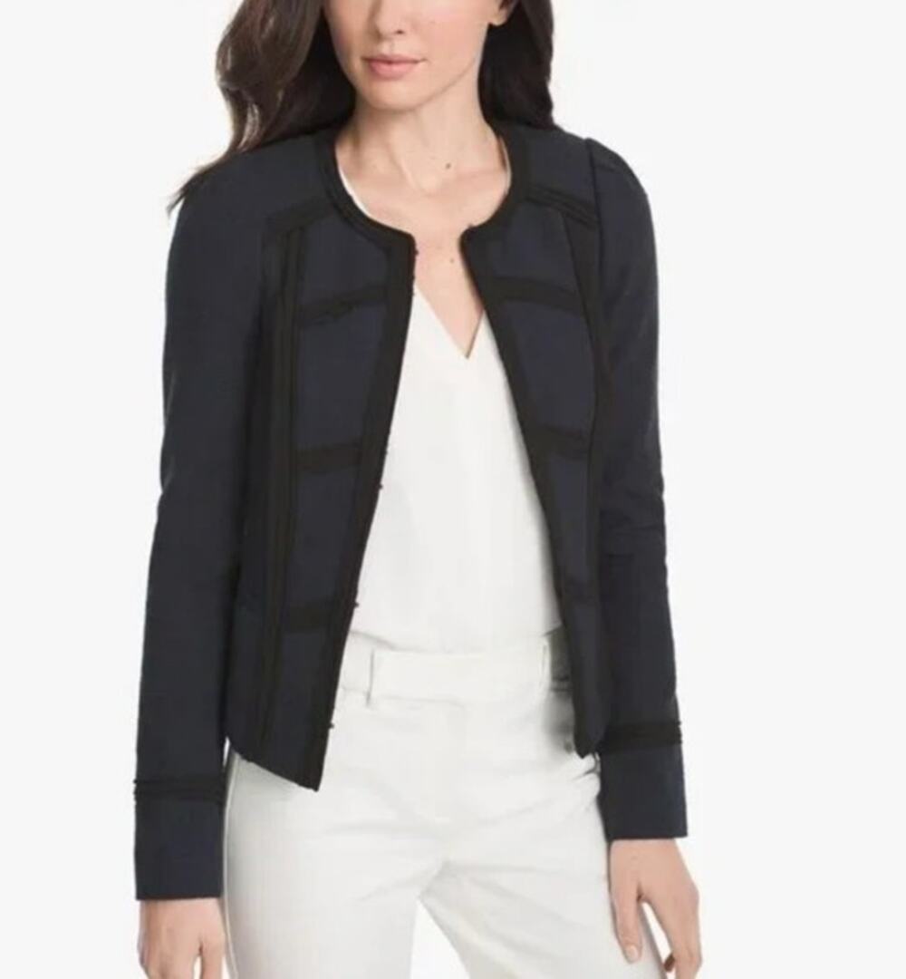 White House Black Market Blue Black Cotton Blend Embroidered Jacket Women's 8